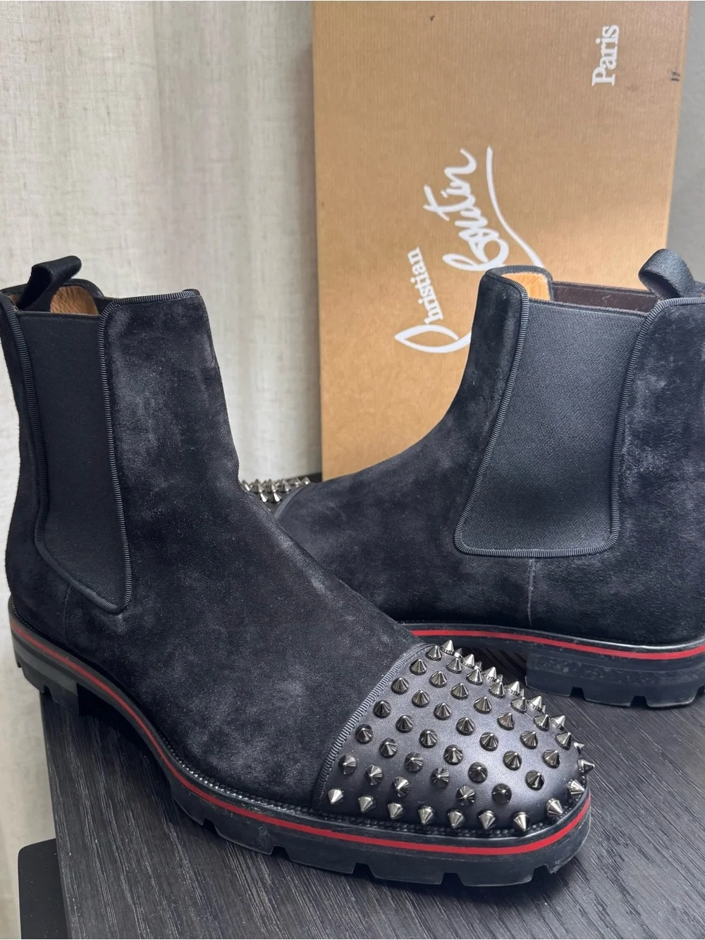 Christian Louboutin Melon Spikes Chelsea Boots Suede Black 42